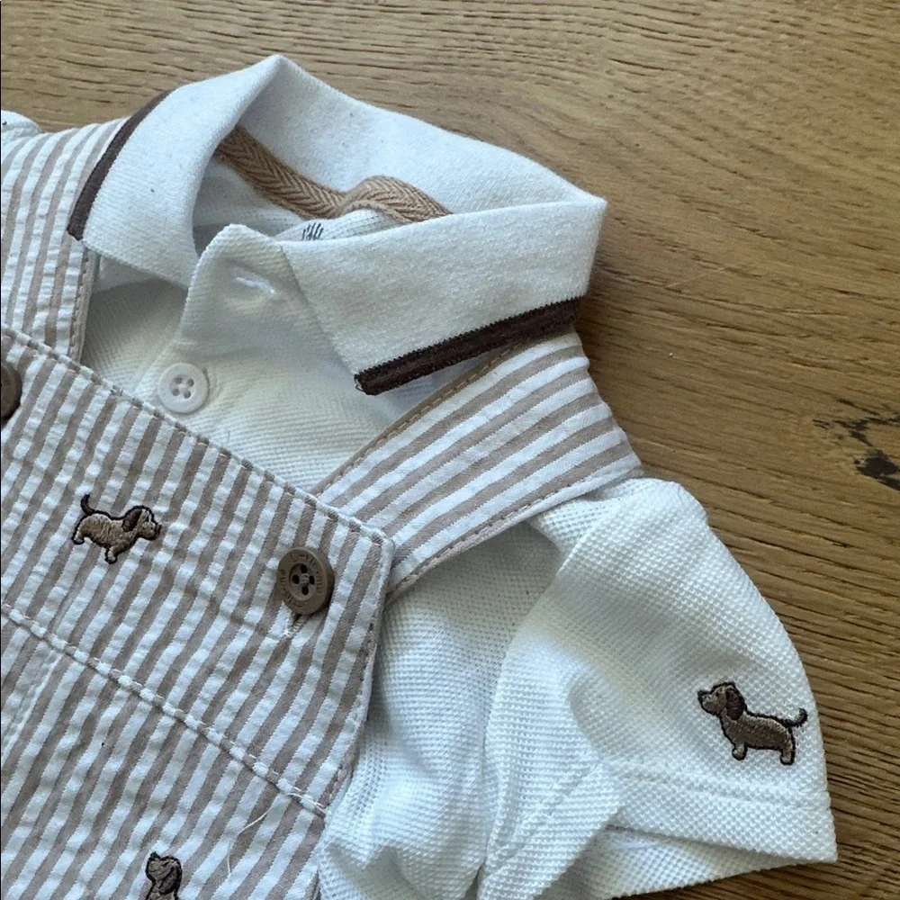 Little Me Beige Striped Overalls with White Collar
